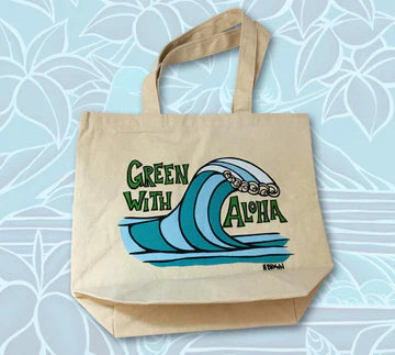 HBC TOTE BAG - GREEN WITH ALOHA WAVE